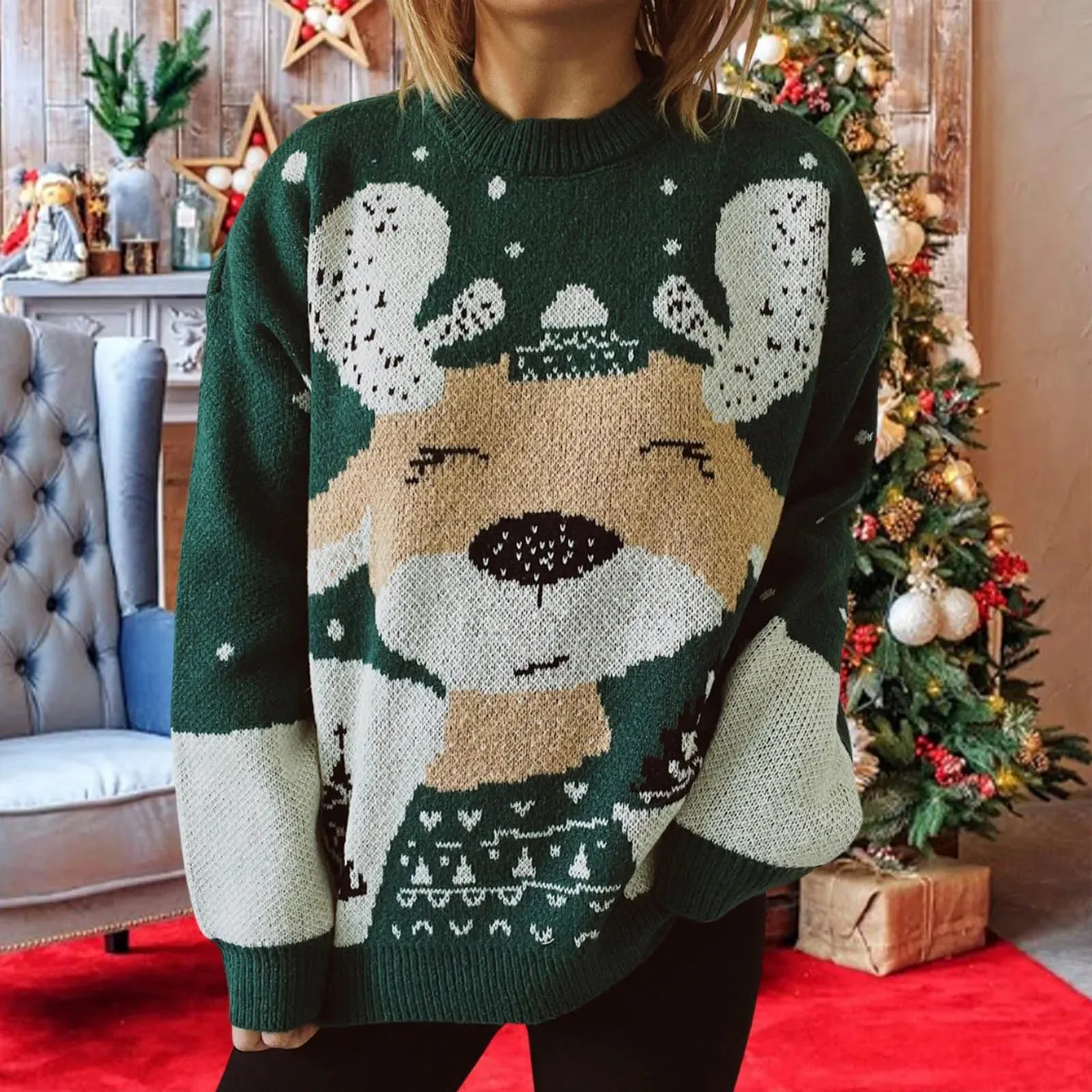 Wenkouban-Christmas Thanksgiving outfits_Long Sleeve Elk Snowflake Pattern Loose Knit Christmas Sweater