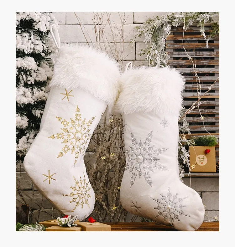 White Christmas Stocking,  Christmas Gift Embroidered Family Stocking, Holiday Knit Stocking Embroidered, Knit Needlepoint Snowflake Socks