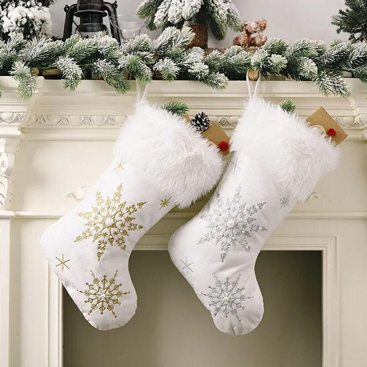 White Christmas Stocking,  Christmas Gift Embroidered Family Stocking, Holiday Knit Stocking Embroidered, Knit Needlepoint Snowflake Socks