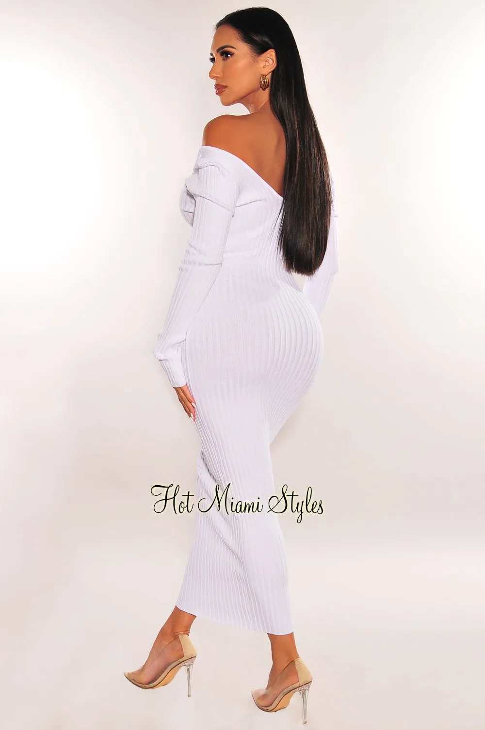 White Ribbed Knit Long Sleeves Dress