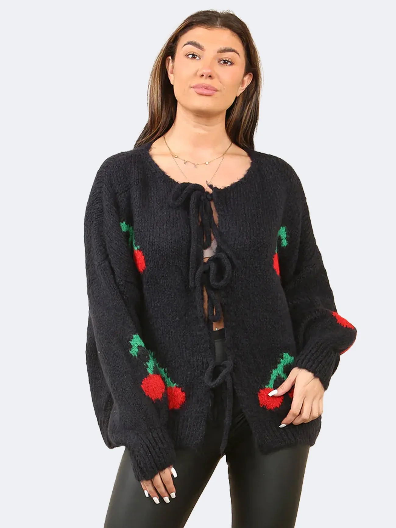 Women Cherry Tie Front Cable Knit Short Cardigan