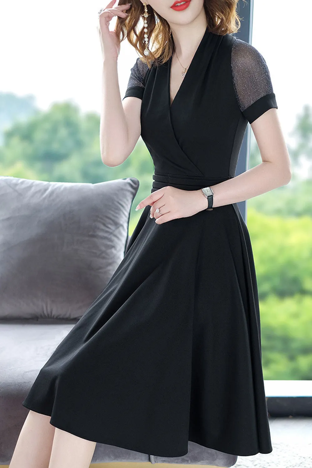 Women Thin Solid Pattern Mid Length Short Sleeve V-Neck Elegant Dress - WDC60195