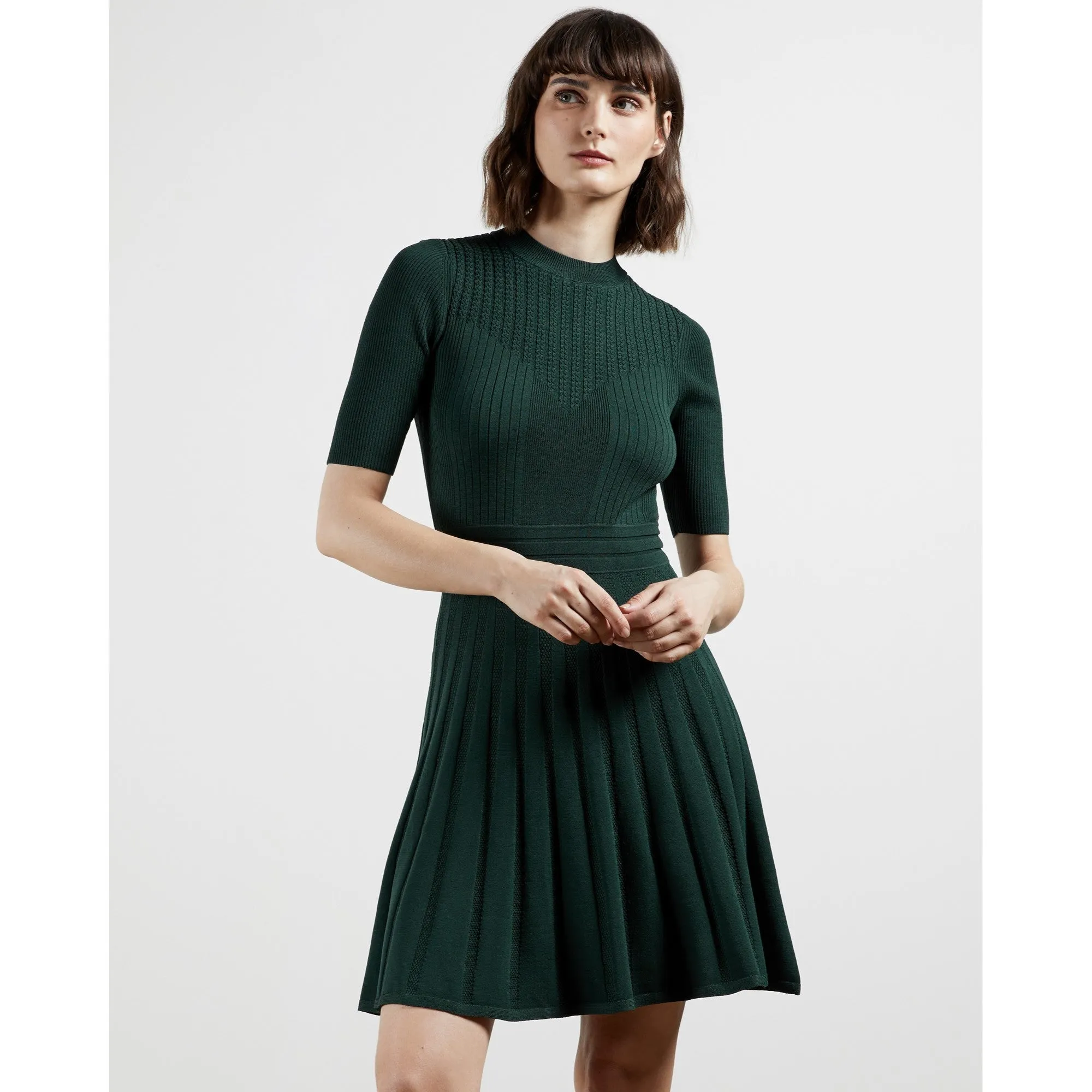 Women Wmd-Olivinn-High Neck Knitted Skater Dress - Dk-Green