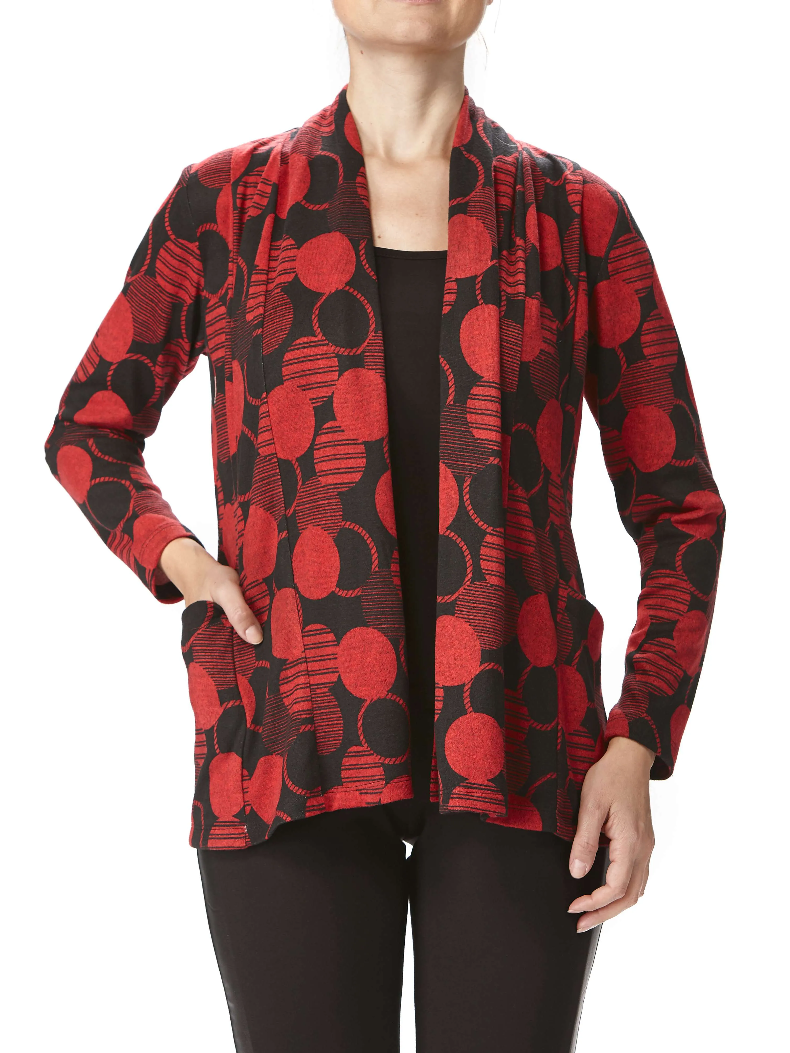 Women's Cardigan red and Black Cozy Stretch Fabric Flattering fit On Sale Made in Canada Yvonne Marie Boutiques