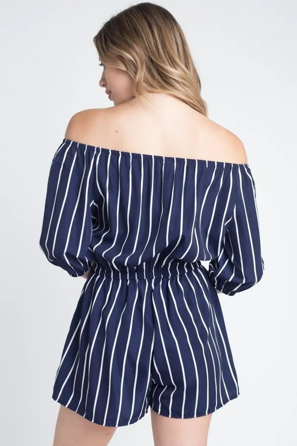 Womens Off Shoulder Navy Blue Stripe Romper