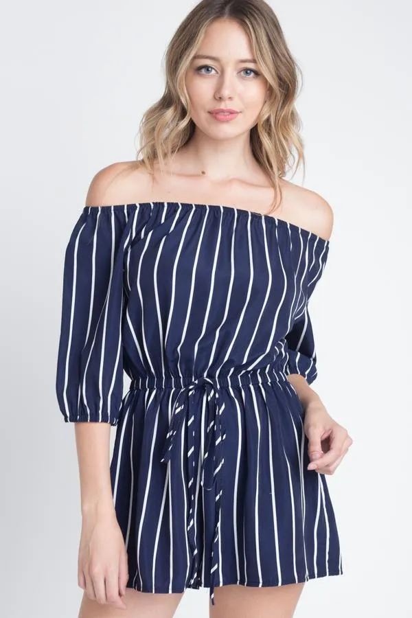 Womens Off Shoulder Navy Blue Stripe Romper