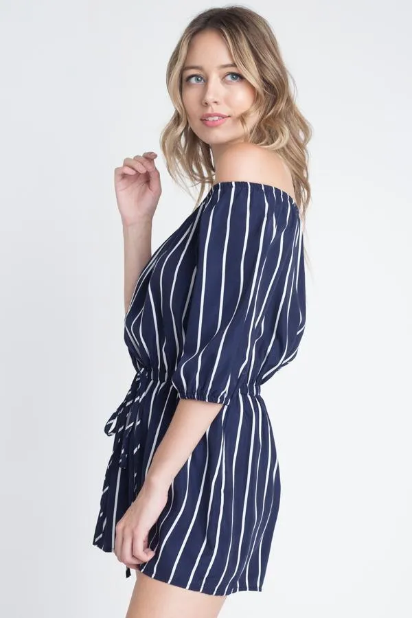 Womens Off Shoulder Navy Blue Stripe Romper