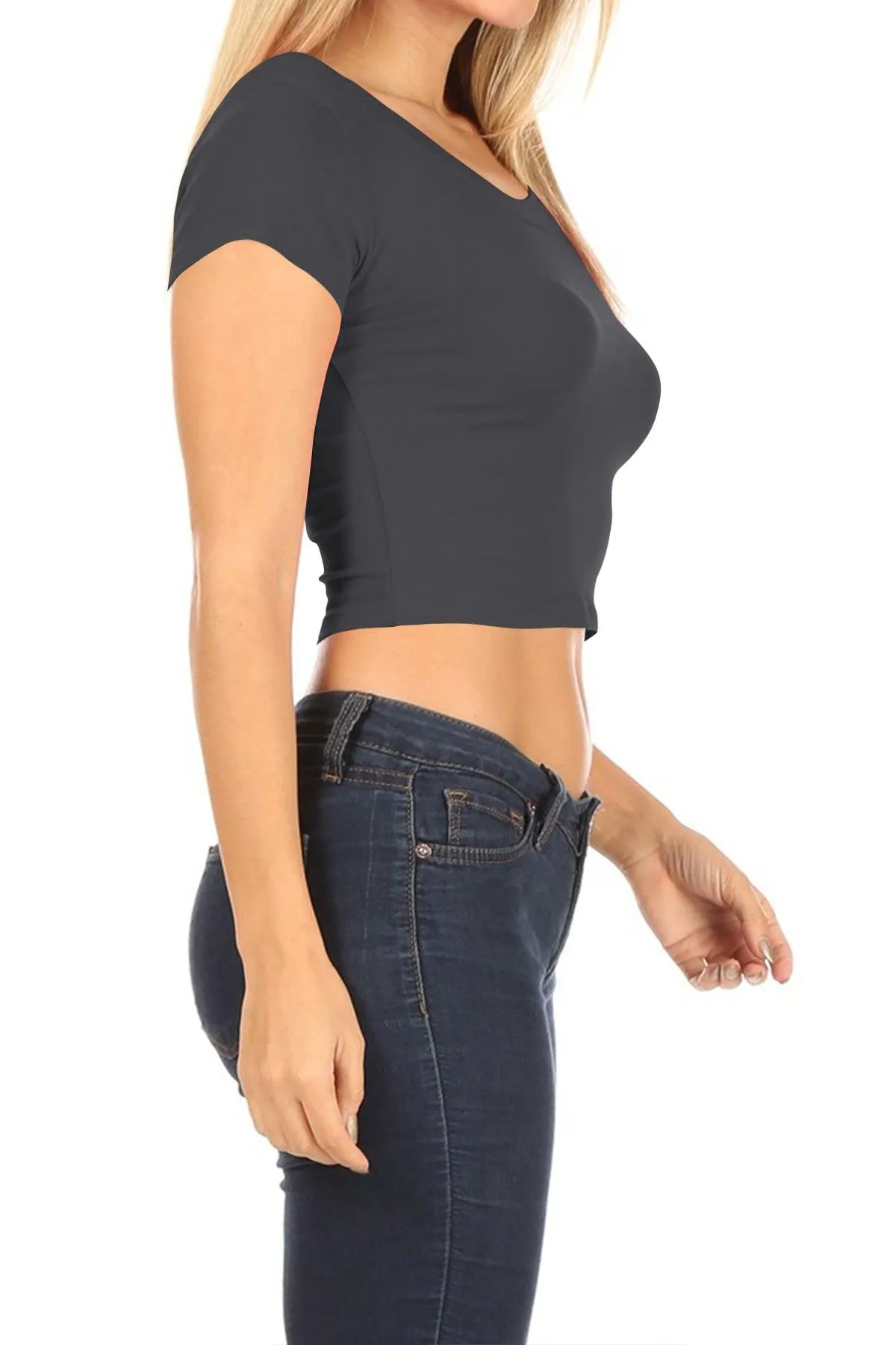 Women's Short Sleeve Stretch Lightweight Round Neck Cropped Top