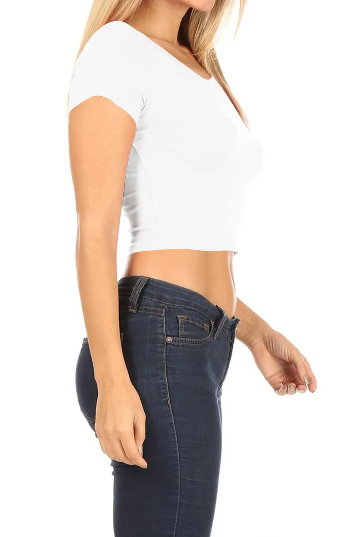 Women's Short Sleeve Stretch Lightweight Round Neck Cropped Top