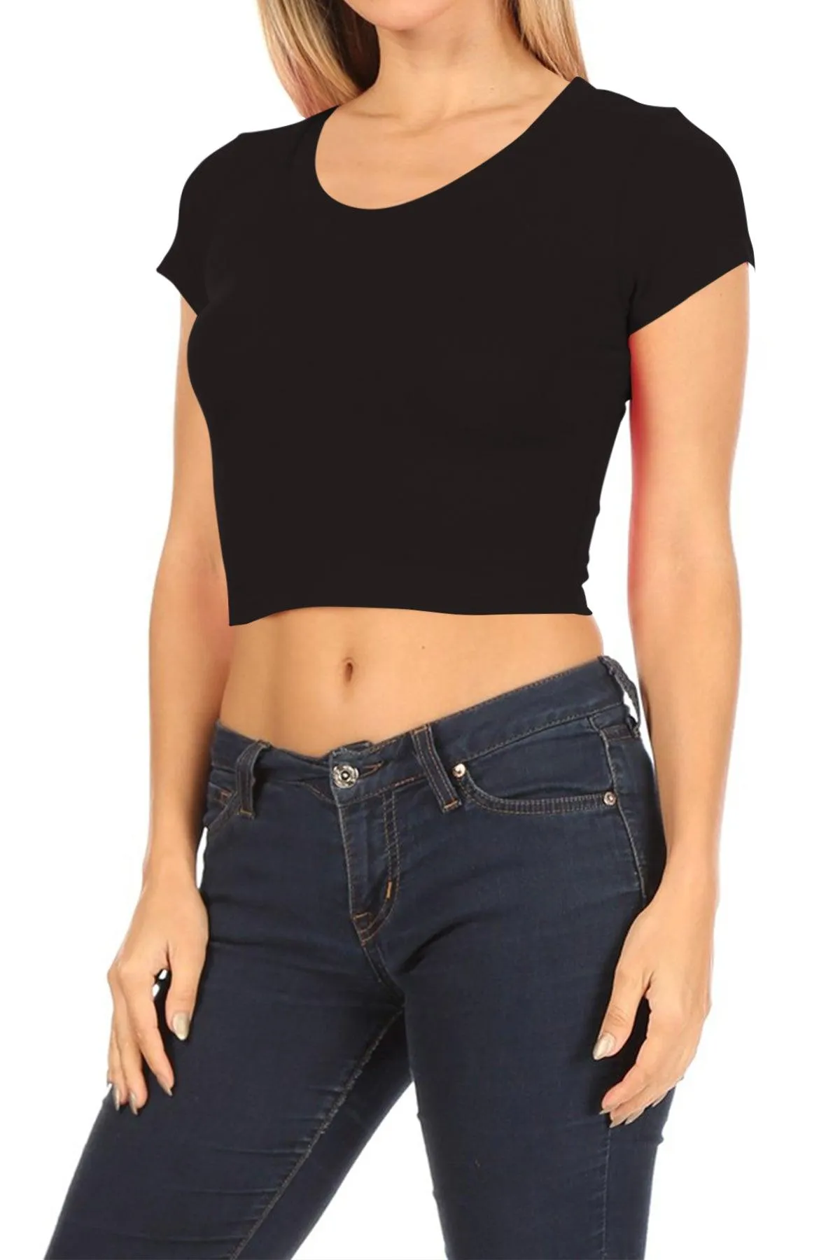 Women's Short Sleeve Stretch Lightweight Round Neck Cropped Top