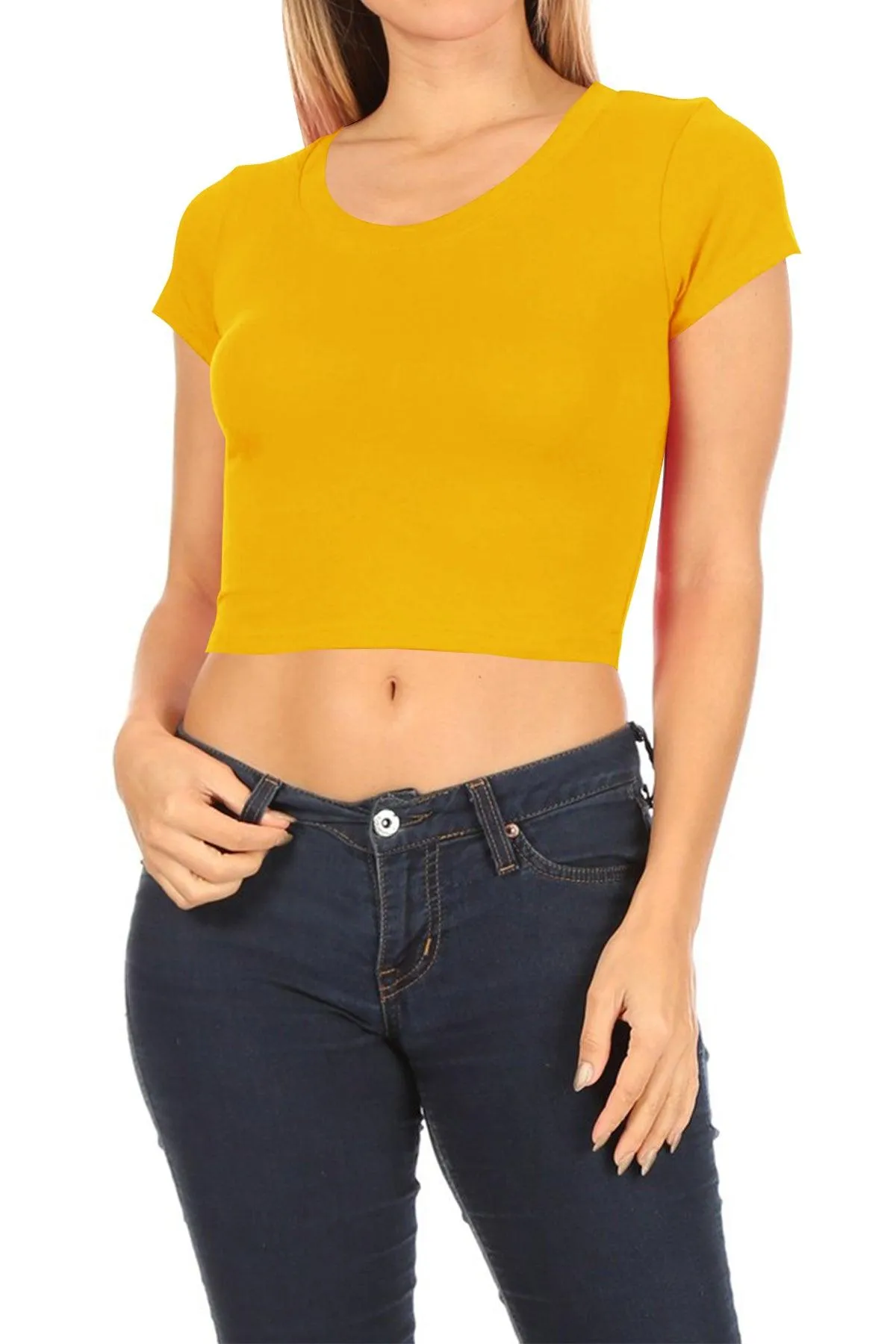 Women's Short Sleeve Stretch Lightweight Round Neck Cropped Top