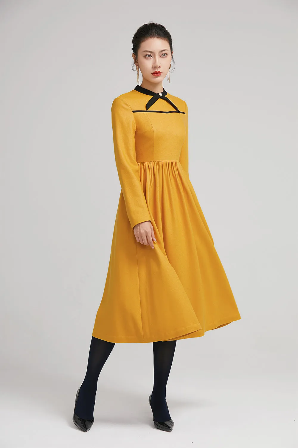 yellow winter wool fit and flare dress for women with long sleeves 2233