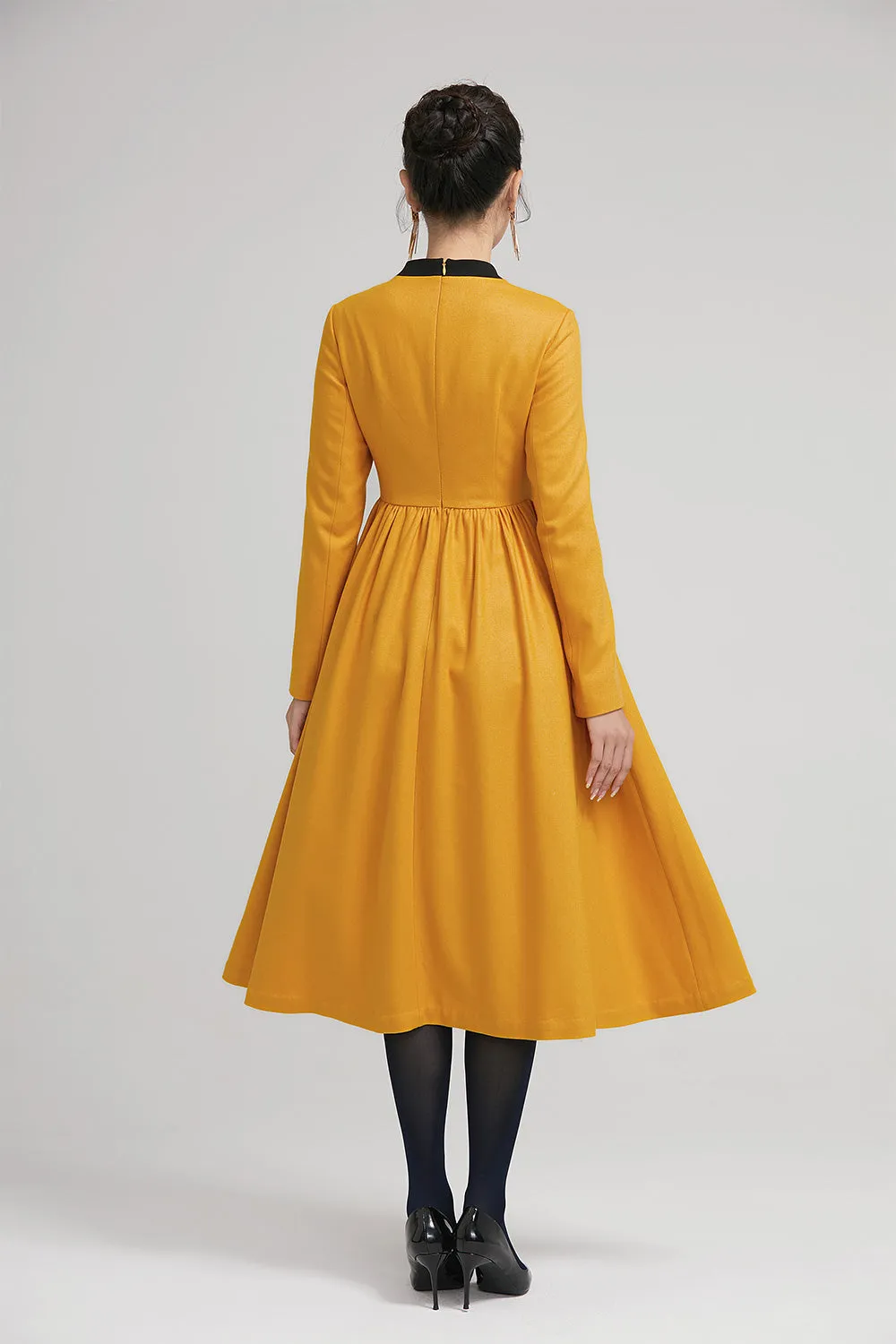 yellow winter wool fit and flare dress for women with long sleeves 2233