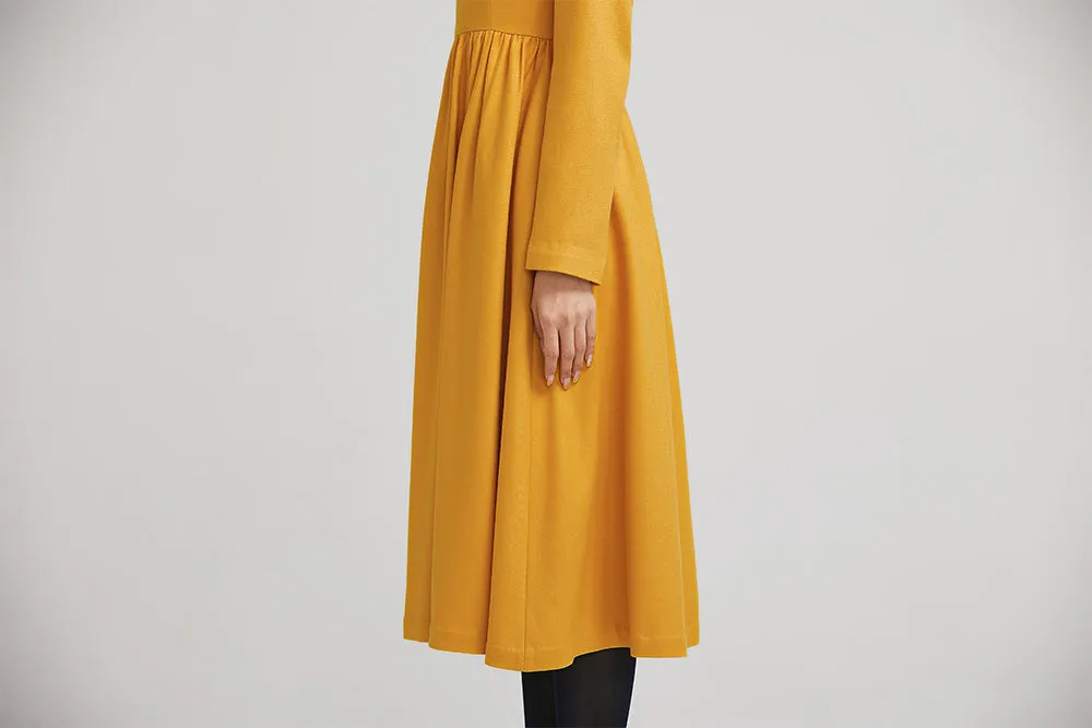 yellow winter wool fit and flare dress for women with long sleeves 2233