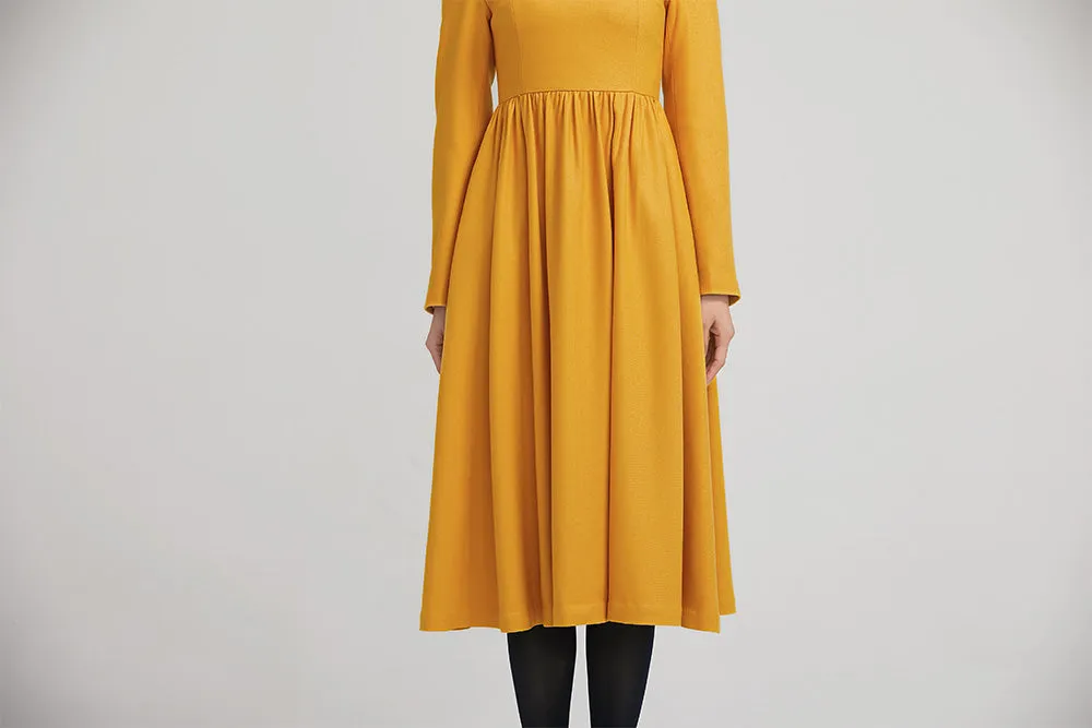 yellow winter wool fit and flare dress for women with long sleeves 2233