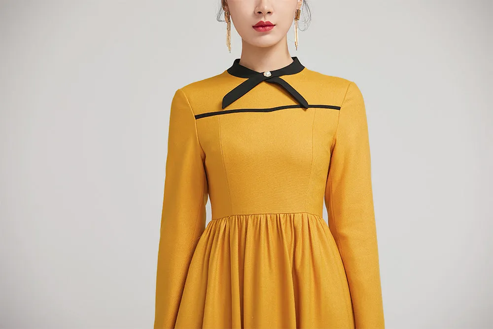 yellow winter wool fit and flare dress for women with long sleeves 2233