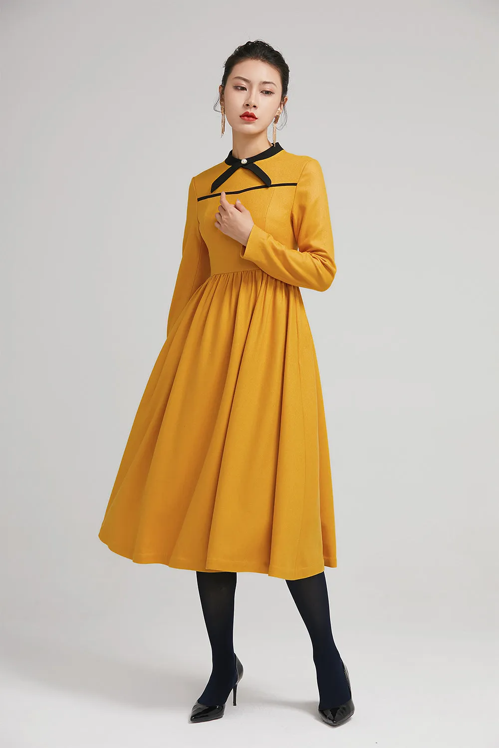 yellow winter wool fit and flare dress for women with long sleeves 2233